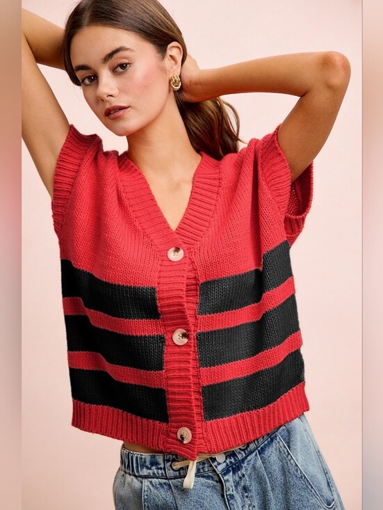 BiBi Sweaters - BiBi Game Day Theme Stripe Buttoned V Neck Knit Cardigan-Red/Black